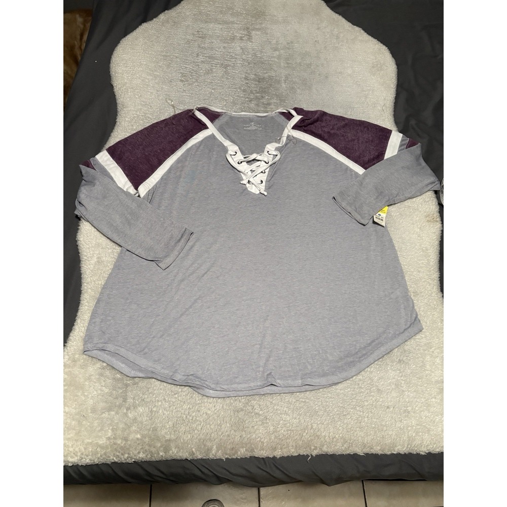 Bobbie Brooks Women 3X NWT Gray Purple White Lace Up Long Sleeve Baseball Tee